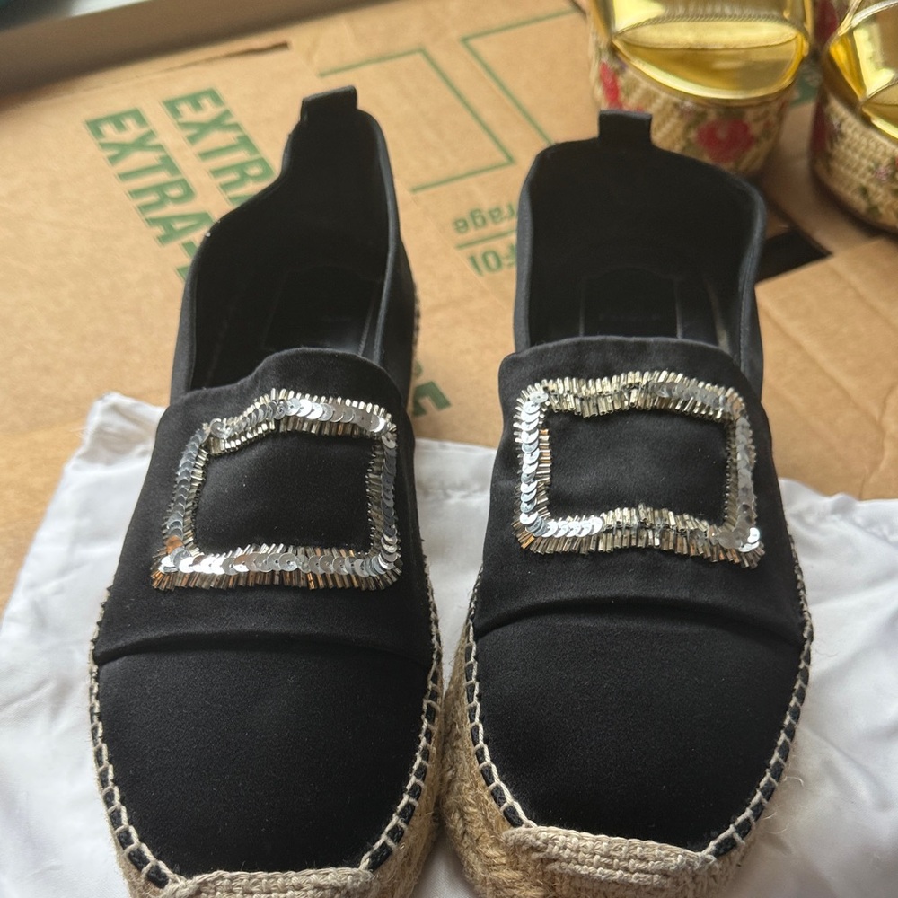 Roger Vivier Black Espadrilles with Silver Detailing